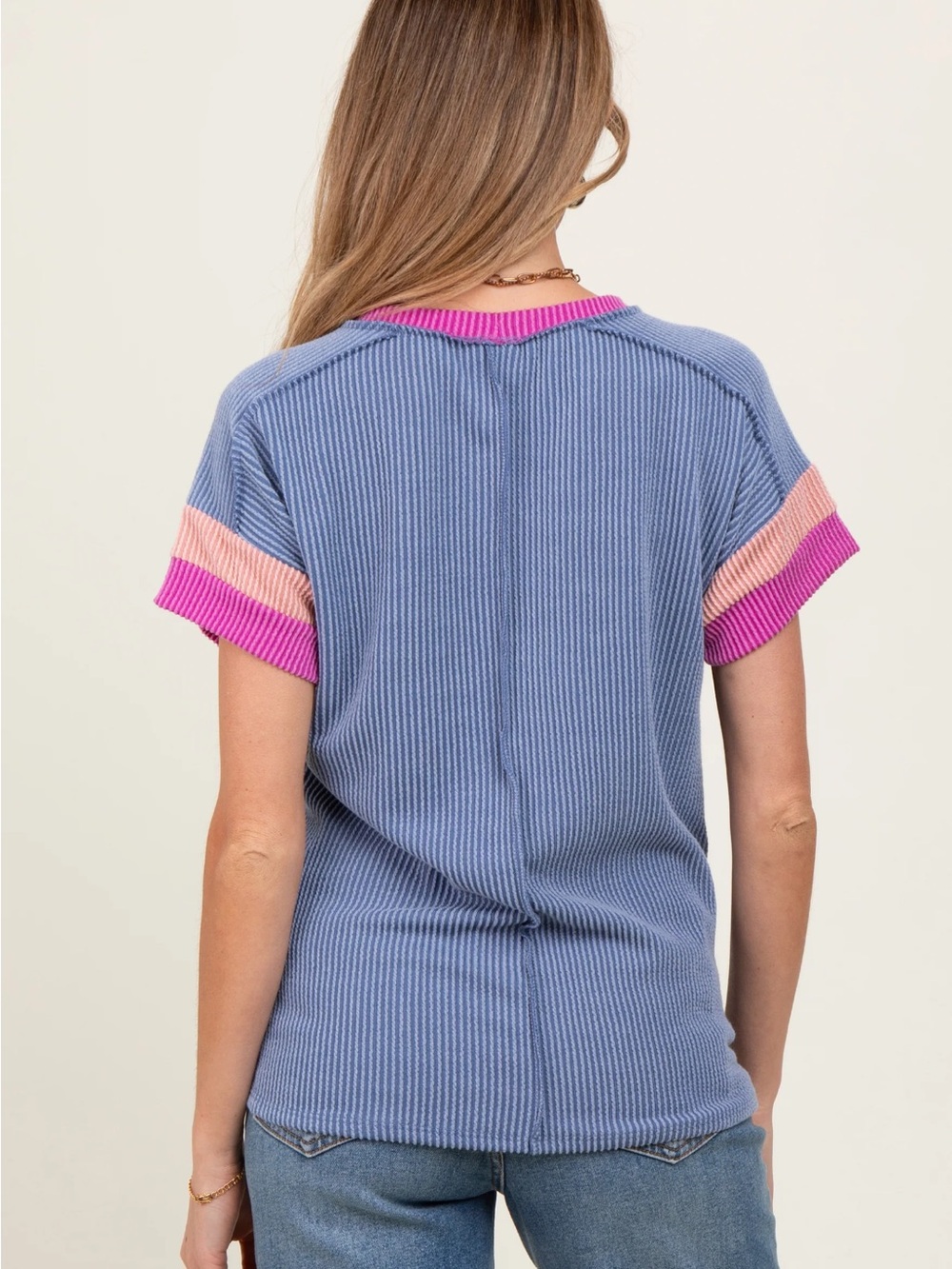PinkBlush Blue Ribbed Colorblock Detail
Maternity Short Sleeve Top - Picture 3 of 3